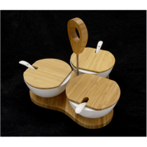 Bambu Tepsili 3'lü Kapaklı Porselen Reçellik Seti