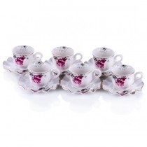 Porio Dalgalı Tabak Mor Güllü 6'lı Kahve Fincan Seti